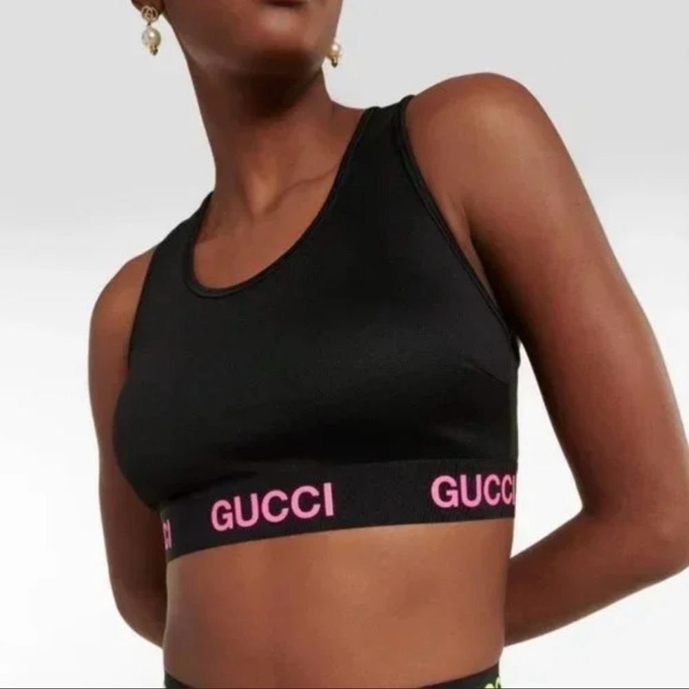 Gucci Black Sports Crop Bra with Pink Logo Band